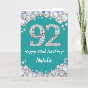 Happy 92. Geburtstagskarte Aquamarin und Silver Gl Karte