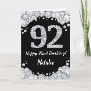 Happy 92. Geburtstagskarte Black and Silver Glitze Karte