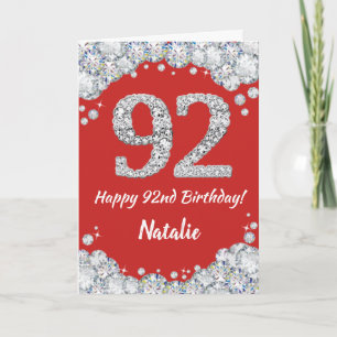 Happy 92. Geburtstagskarte Rot und Silber Glitzer  Karte