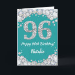 Happy 96. Geburtstagskarte Aquamarin und Silver Gl Karte<br><div class="desc">Happy 96. Geburtstag Aquamarin Türkis Aqua und Silver Glitzer Card mit personalisiertem Namen. Für weitere Anpassungen klicken Sie bitte auf die Schaltfläche "Anpassen" und verwenden Sie unser Designwerkzeug,  um diese Vorlage zu ändern.</div>