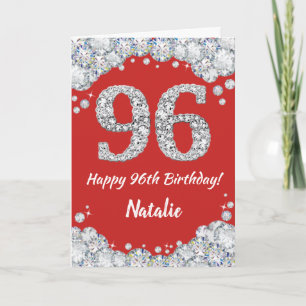Happy 96. Geburtstagskarte Rot und Silber Glitzer Karte
