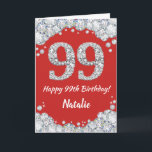 Happy 99. Geburtstagskarte Rot und Silber Glitzer  Karte<br><div class="desc">Happy 99. Geburtstagskarte Rot und Silber Glitzer Card mit personalisiertem Namen. Für weitere Anpassungen klicken Sie bitte auf die Schaltfläche "Anpassen" und verwenden Sie unser Designwerkzeug,  um diese Vorlage zu ändern.</div>