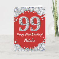 Happy 99. Geburtstagskarte Rot und Silber Glitzer