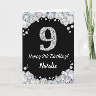 Happy 9. Geburtstagskarte Black and Silver Glitzer Karte