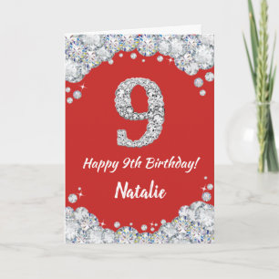 Happy 9. Geburtstagskarte Rot und Silber Glitzer C Karte