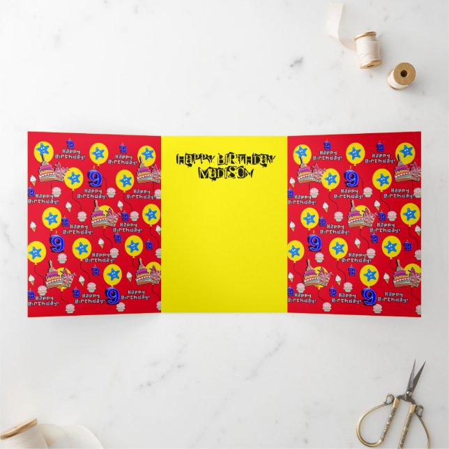 Happy 9th Birthday Card, #9 Red & Yellow Dreifach Gefaltete Karte (Innenseite)