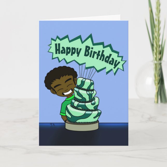 Happy African American Boy and Cake Birthday Karte (Vorderseite)