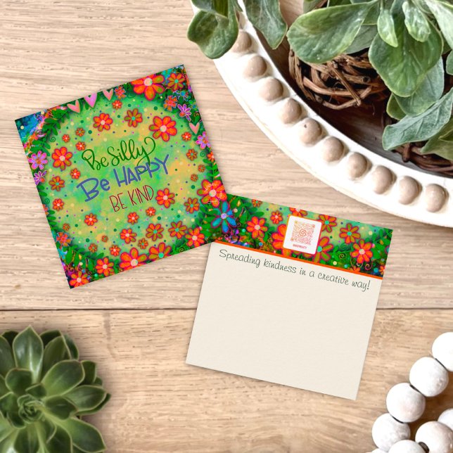 Happy Albern Kind Fun Green Niedlich Kindness Card Quadratische Visitenkarte (Silly, happy, kind, fun, INSPIRIVITY, kindness cards. Colorful floral, and whimsical art with “quote)