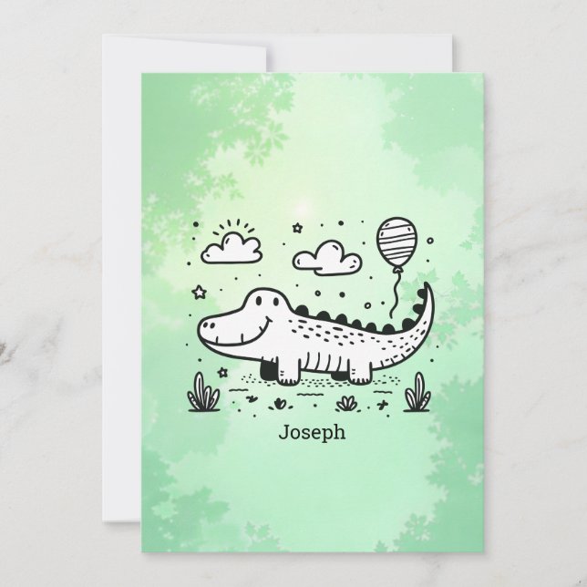 Happy Alligator mit Balloon - Niedliches Kinderzim Einladung (Vorderseite)