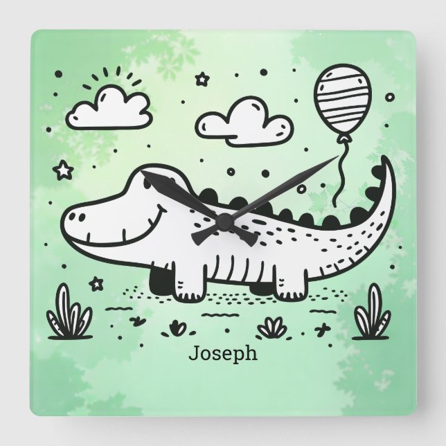 Happy Alligator mit Balloon - Niedliches Kinderzim Quadratische Wanduhr (Vorderseite)