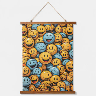 Happy and Funny Emoji Faces Wandteppich Mit Holzrahmen