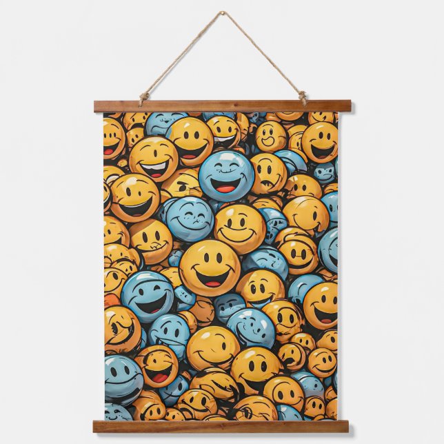 Happy and Funny Emoji Faces Wandteppich Mit Holzrahmen (Vorderseite)