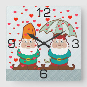 Happy and Grumpy Gnomes Quadratische Wanduhr
