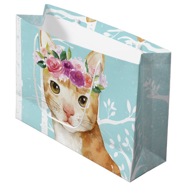 Happy Animal mit Blume in Blue Forest Cat Kitty Große Geschenktüte (Vorderseite Schrägansicht)
