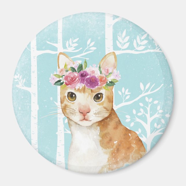 Happy Animal mit Blume in Blue Forest Cat Kitty Magnet (Vorne)