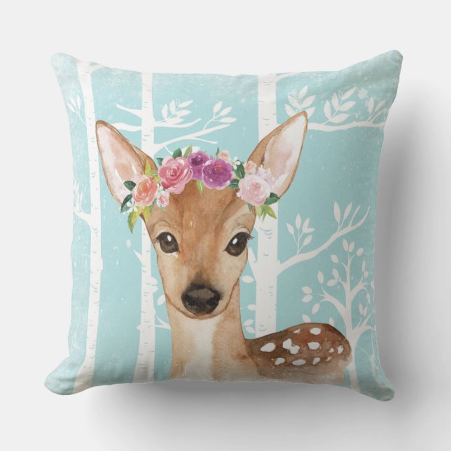 Happy Animal with Blume in Blue Forest Deer Kissen (Vorderseite)