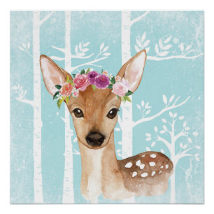 Happy Animal with Blume in Blue Forest Deer Poster