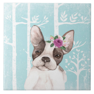 Happy Animal with Blume in Blue Forest-Dog-Mops Fliese