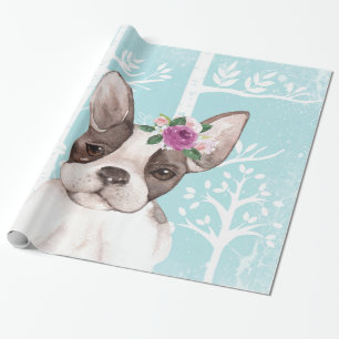 Happy Animal with Blume in Blue Forest-Dog-Mops Geschenkpapier