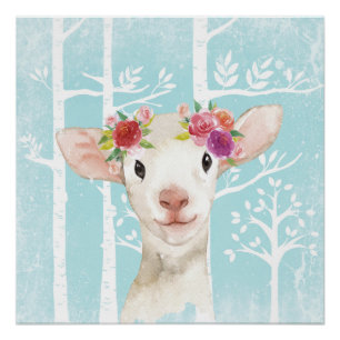 Happy Animal with Blume in Blue Forest Sheep Poster