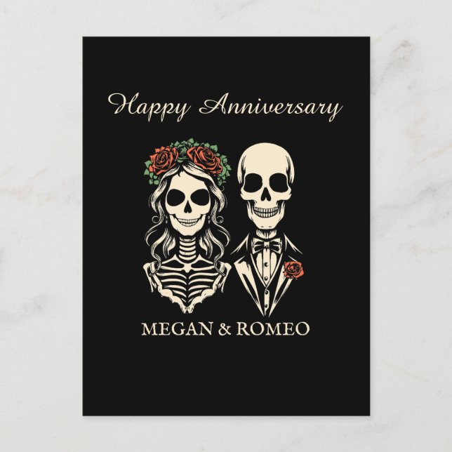Happy Anniveresary Gothic Skelett Ehepaar Postkarte (Vorderseite)