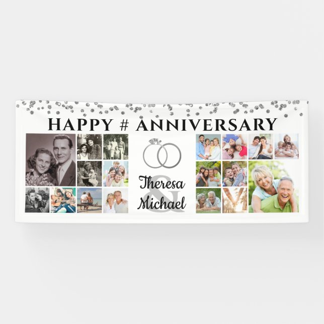 Happy Anniversary 18 Foto Collage Custom Silver Banner (Horizontal)