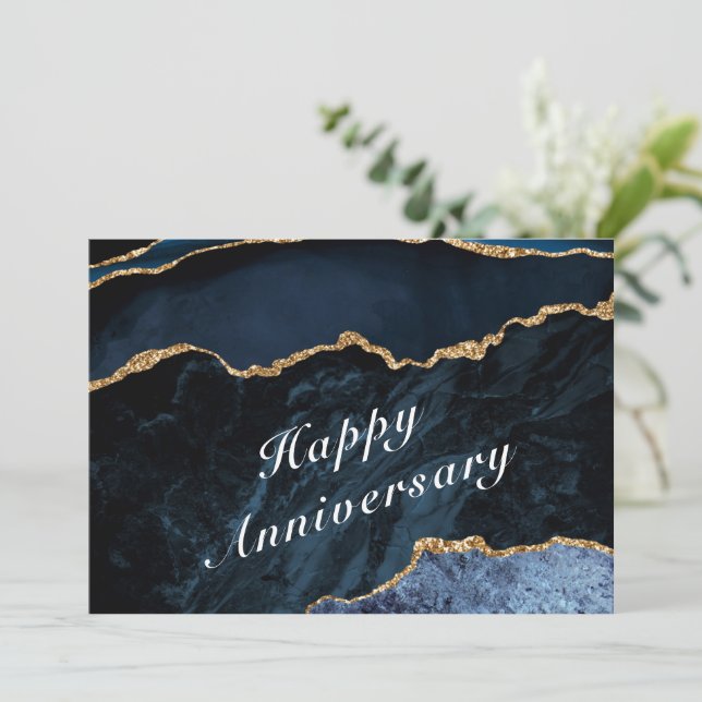 Happy Anniversary - Agate Navy Blue Gold Edelstein Karte (Stehend Vorderseite)