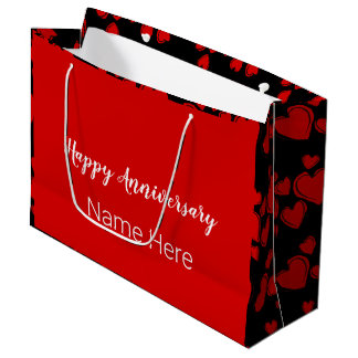 Happy Anniversary Black and Red with Hearts Große Geschenktüte
