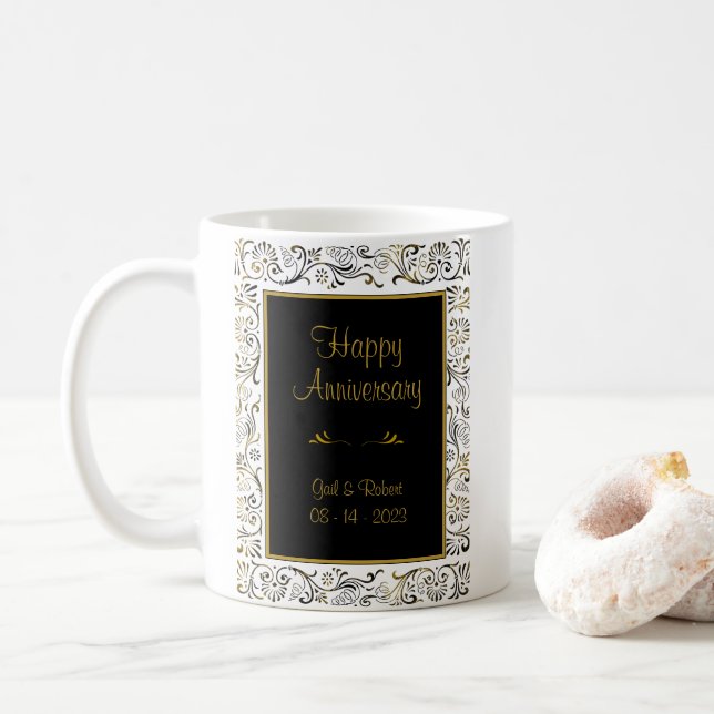 Happy Anniversary Black Gold White Coffee Tasse (Mit Donut)