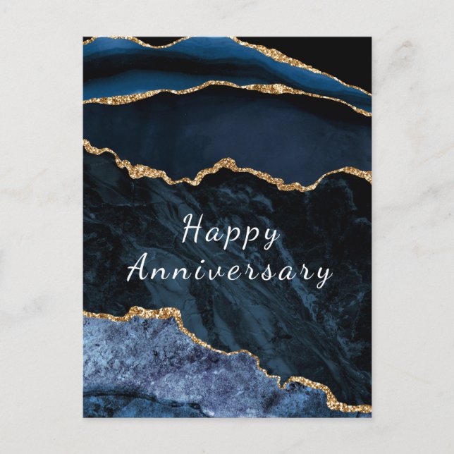 Happy Anniversary Card Agate Navy Blue Gold Marmor Postkarte (Vorderseite)