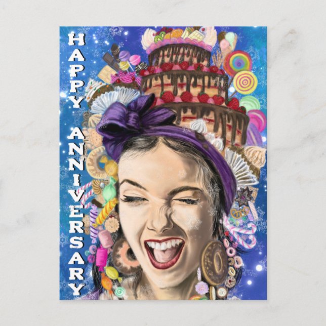 Happy Anniversary Card mit Happy Woman - Funny Postkarte (Vorderseite)