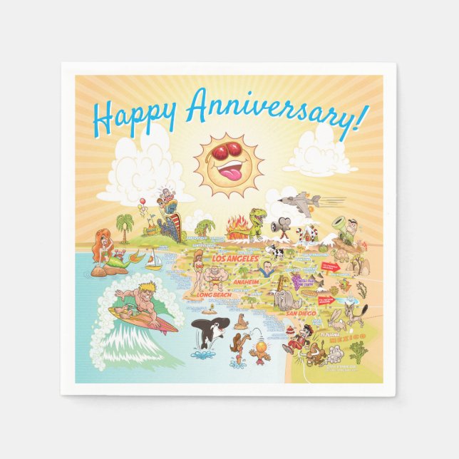 Happy Anniversary Cartoon California Paper Napkin Serviette (Vorderseite)