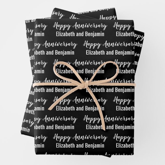 Happy Anniversary Couple's Names Black and White Geschenkpapier Set (Beispiel)