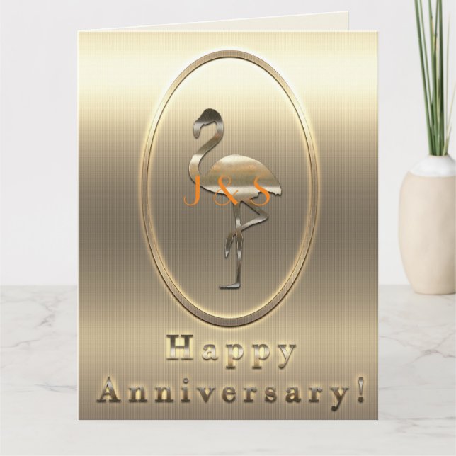 Happy Anniversary Flamingo Monogram Karte (Vorderseite)