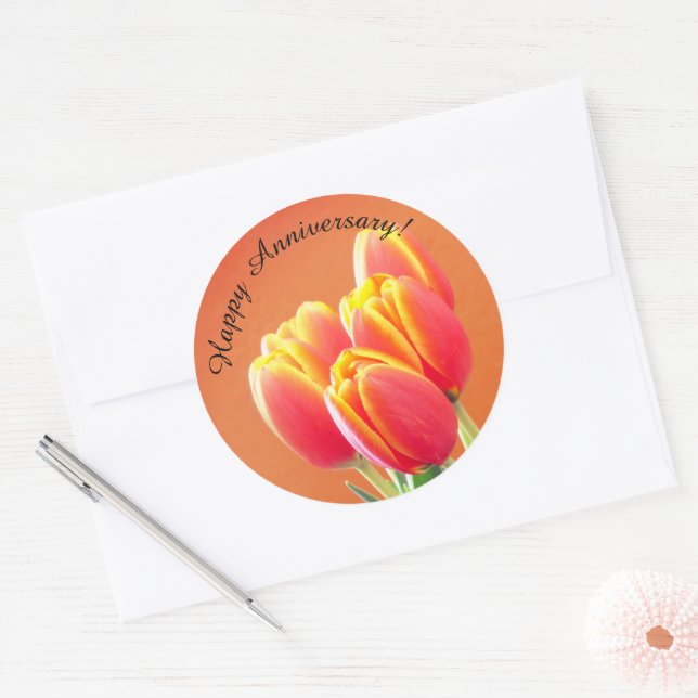 Happy Anniversary Orange Tulip Bouquet Runder Aufkleber (Umschlag)