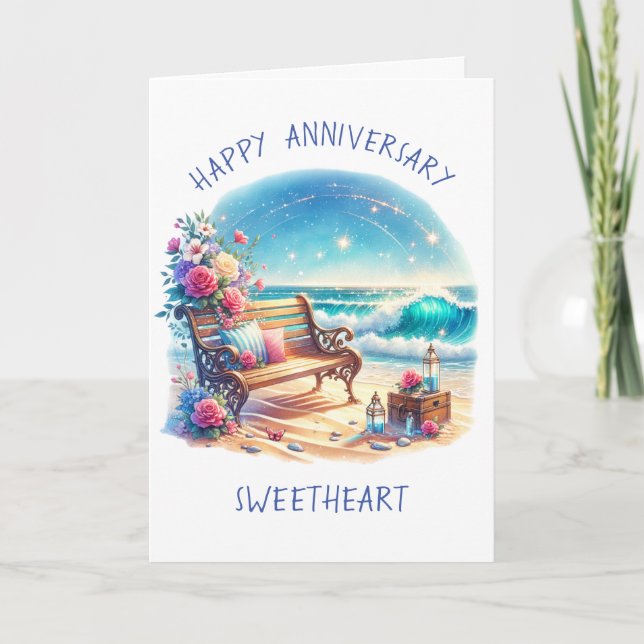Happy Anniversary Personalisiert Beach Theme Karte (Vorderseite)