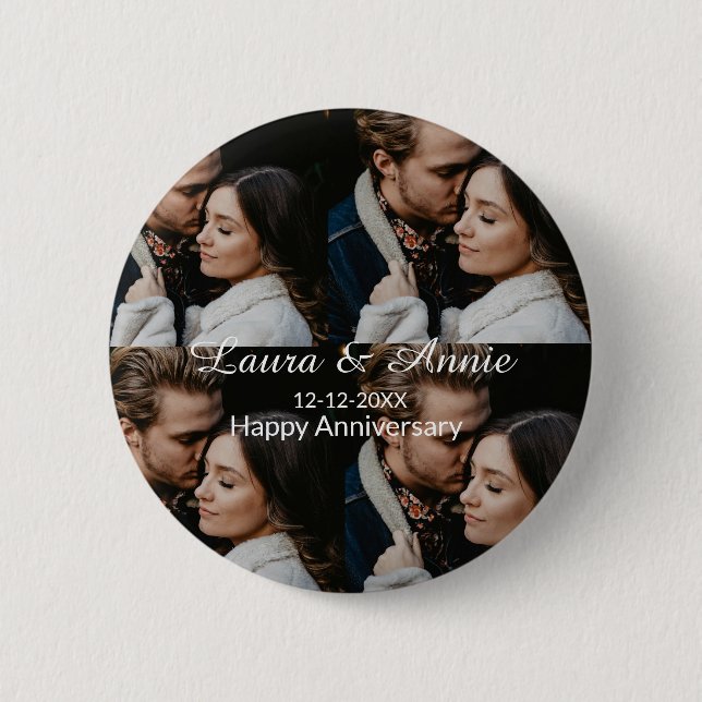 Happy anniversary photo collage name date simple w button (Vorderseite)
