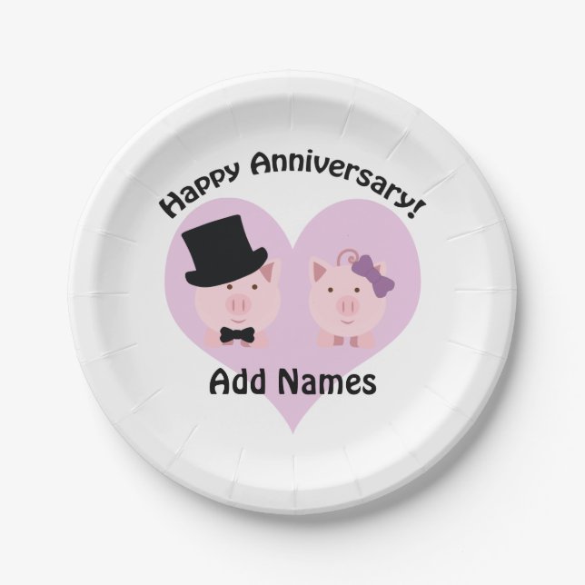 Happy Anniversary Pig Paar Pappteller (Vorderseite)