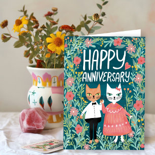 Happy Anniversary Purr-fect Pair Cats Floral Karte