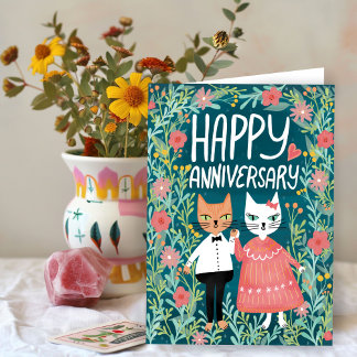 Happy Anniversary Purr-fect Pair Cats Floral Karte