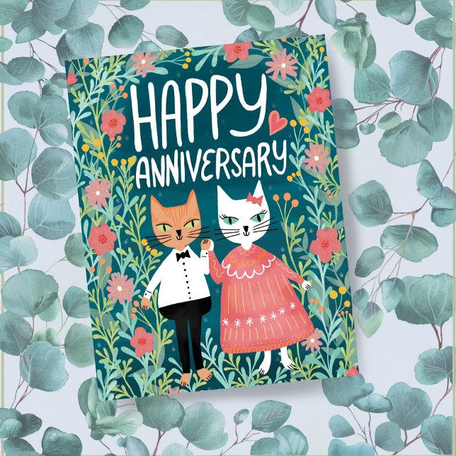 Happy Anniversary Purr-fect Pair Cats Floral Postkarte (Happy Anniversary Purr-fect Pair Cute Cats Floral Postcard
)