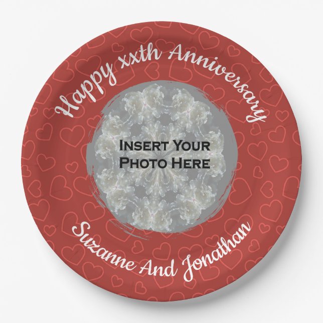 Happy Anniversary Red Hearts Personalisiertes Foto Pappteller (Vorderseite)