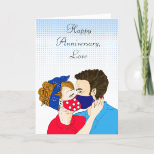 Happy Anniversary Retro Couple Kissing Facemasks Karte
