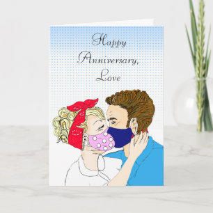 Happy Anniversary Retro Couple Kissing Facemasks Karte