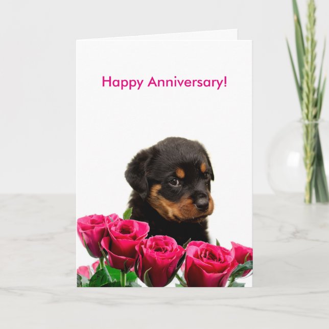 Happy Anniversary Rose Rottweiler Puppy Karte (Vorderseite)