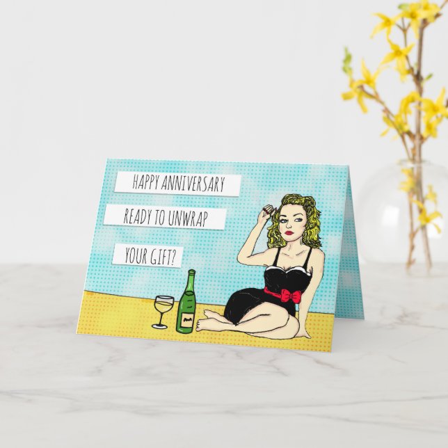 Happy Anniversary, Sexy Kokett Retro Lady in Bow Karte (Gelbe Blume)