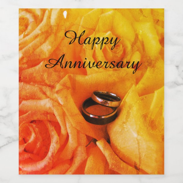 Happy Anniversary Wedding Rings Yellow Roses Wine Weinetikett (Einzelnes Label)