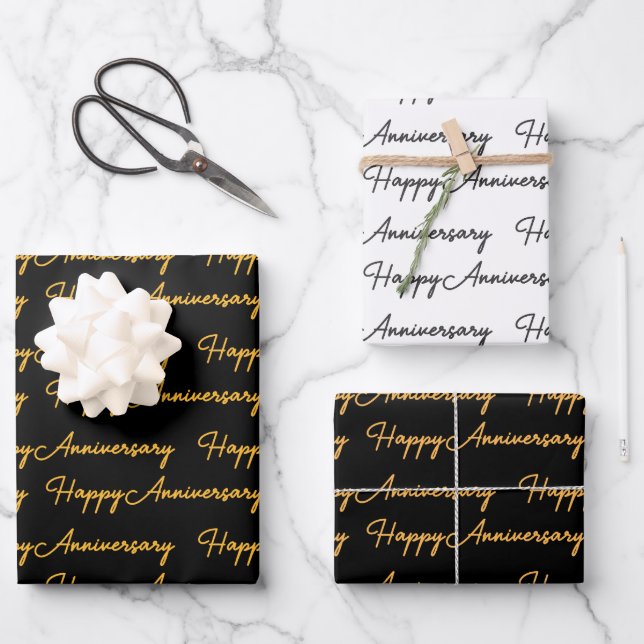 Happy AnniversaryGold Black Text Pattern Geschenkpapier Set (Vorderseite)