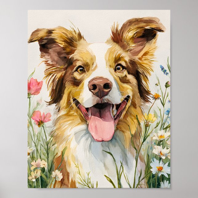 Happy Australian Shepherd in Blume - Wasserfarbe Poster (Vorne)