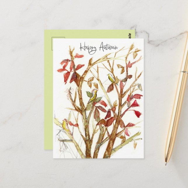 Happy Autumn Fall Colors Tree Birds Branches Postkarte (Vorderseite/Rückseite Beispiel)
